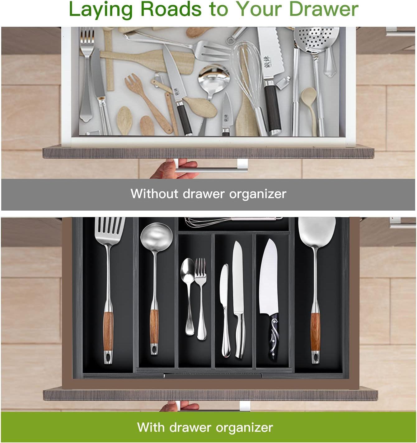 Bamboo Expandable Drawer Organizer for Utensils Holder, Adjustable Cutlery Tray, Wood Drawer Dividers Organizer for Silverware, Flatware, Knives in Kitchen, Bedroom, Living Room (Black)