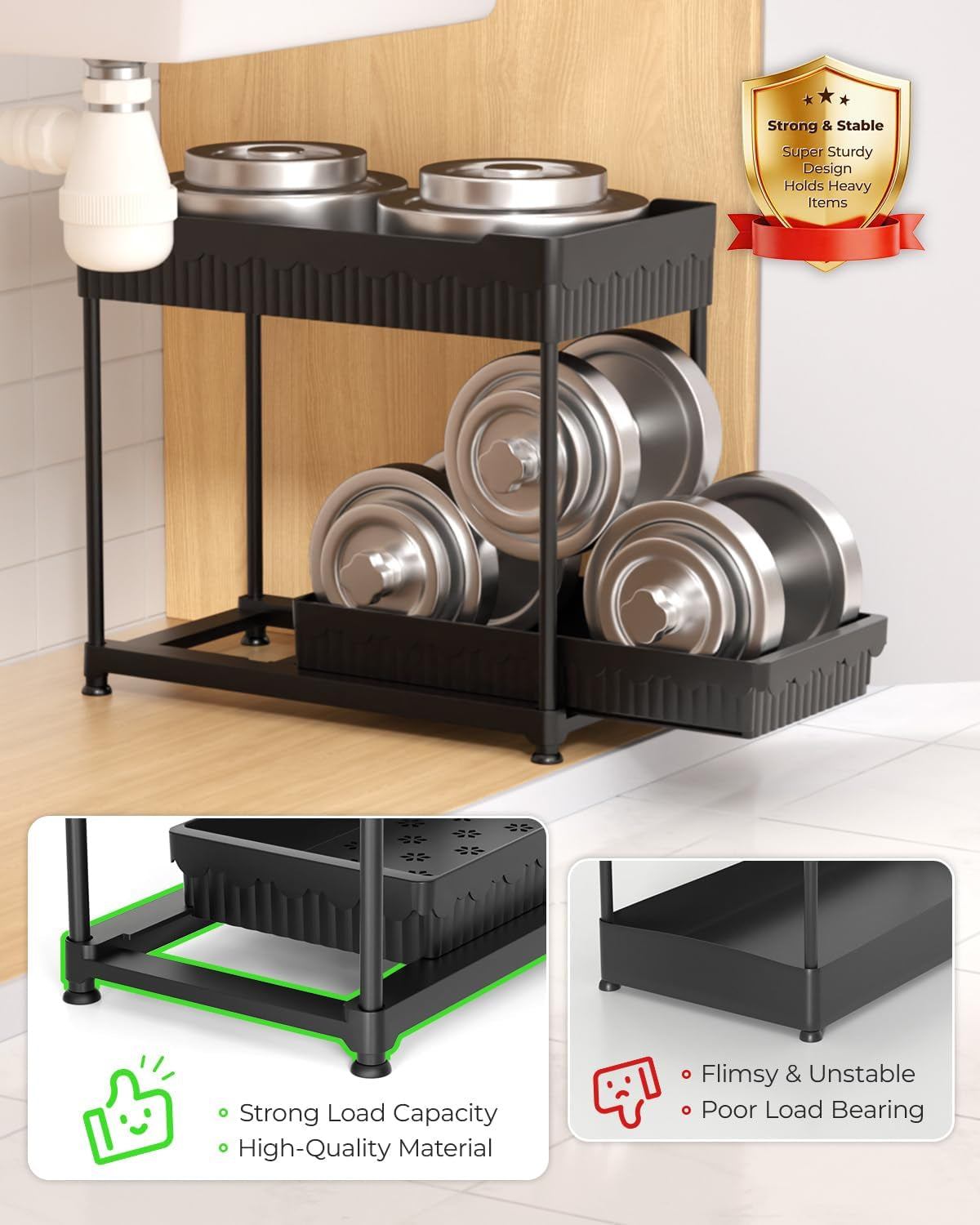 3-Pack 2-Tier under Sink Organizers with Sliding Drawers | Multi-Use Kitchen & Bathroom Storage, 12.8 Inch Black Cabinet Organizer, Space-Saving Sliding Drawer Design.