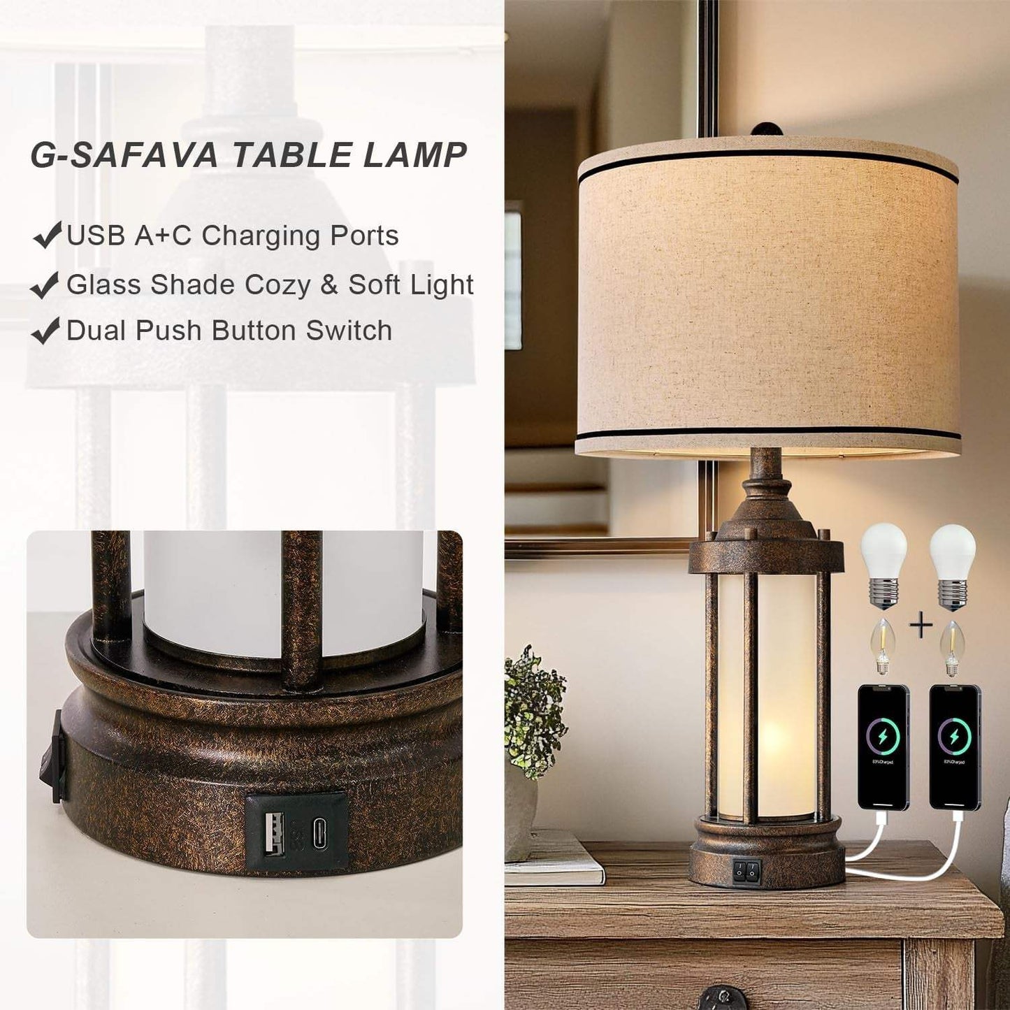 25'' Table Lamp for Living Room Bedroom Farmhouse Metal Lamps with 2 USB Ports, Built-In Frosted Glass Night Light Vintage Industrial Nightstand Bedside End Lamp, 2 Bulbs Included, Bronze