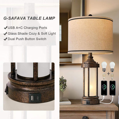 25'' Table Lamp for Living Room Bedroom Farmhouse Metal Lamps with 2 USB Ports, Built-In Frosted Glass Night Light Vintage Industrial Nightstand Bedside End Lamp, 2 Bulbs Included, Bronze