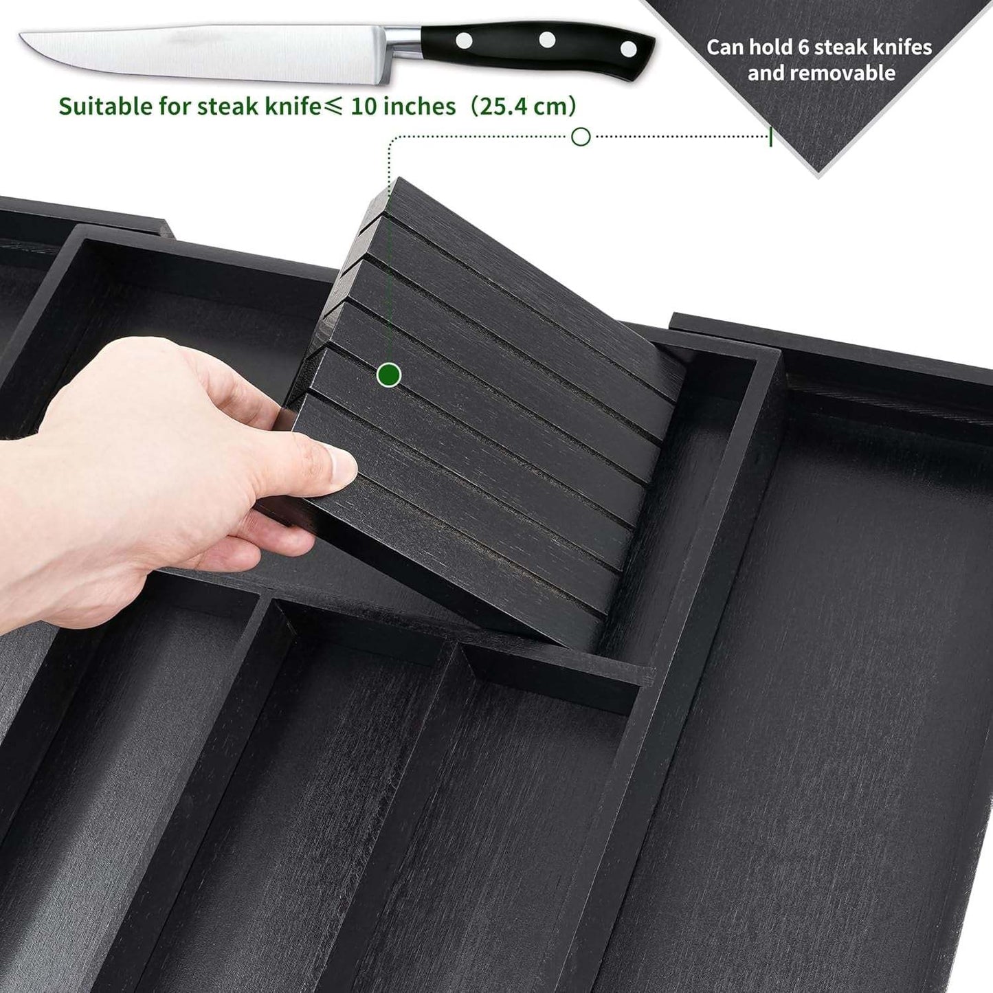 Bamboo Silverware Drawer Organizer Kitchen, Expandable Utensil Organizer with Knife Block, Cutlery Tray with Divider, Multifunctional Drawer Organizer (Black)