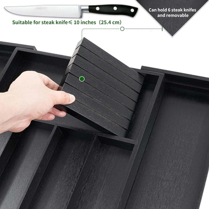 Bamboo Silverware Drawer Organizer Kitchen, Expandable Utensil Organizer with Knife Block, Cutlery Tray with Divider, Multifunctional Drawer Organizer (Black)