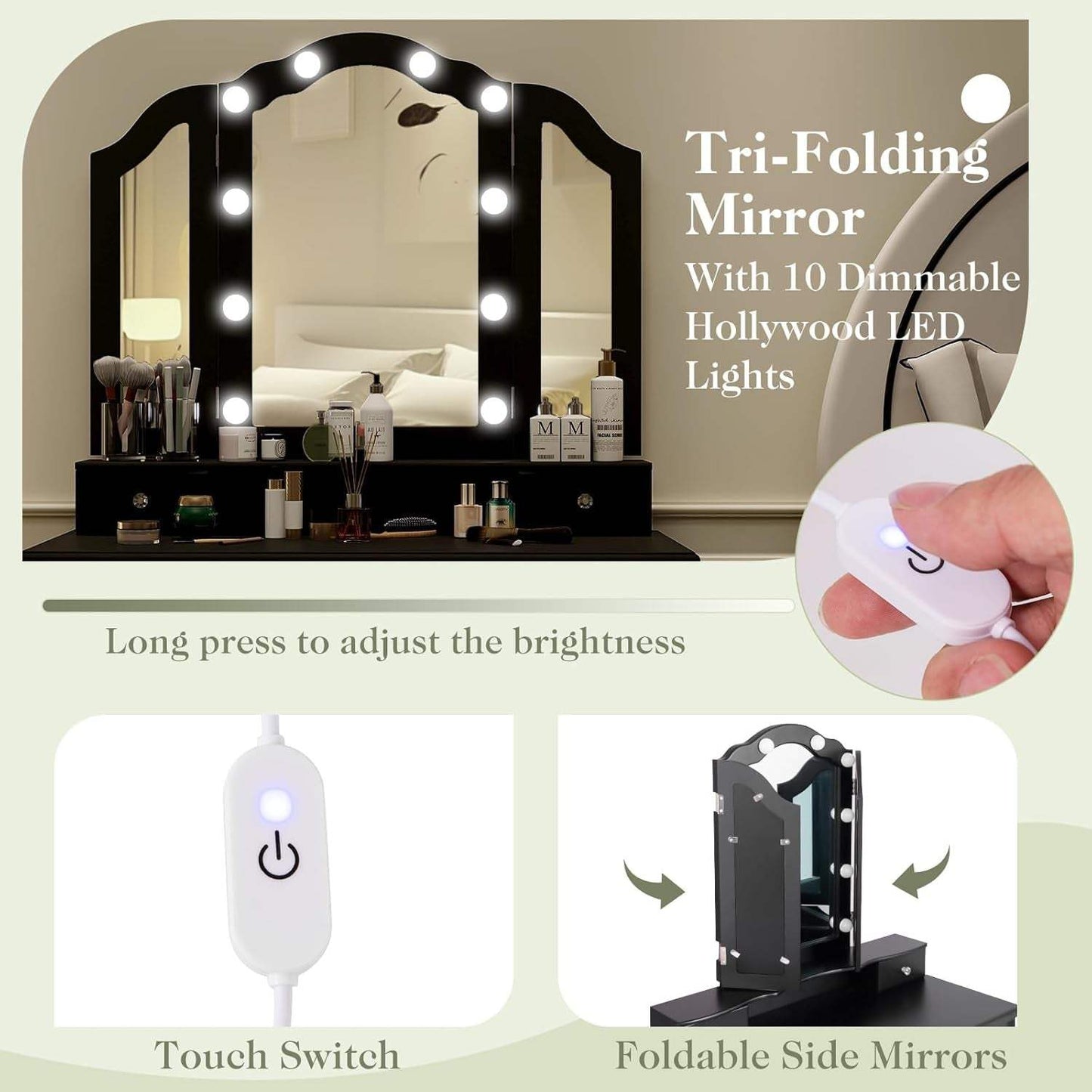 Vanity Desk with Lights - Makeup Vanity Table with Tri-Fold Mirror, 10 Adjustable Hollywood LED Lights, 4 Storage Drawers, Bedroom Makeup Dressing Table with Lighted Mirror and Stool (Black)