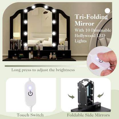 Vanity Desk with Lights - Makeup Vanity Table with Tri-Fold Mirror, 10 Adjustable Hollywood LED Lights, 4 Storage Drawers, Bedroom Makeup Dressing Table with Lighted Mirror and Stool (Black)