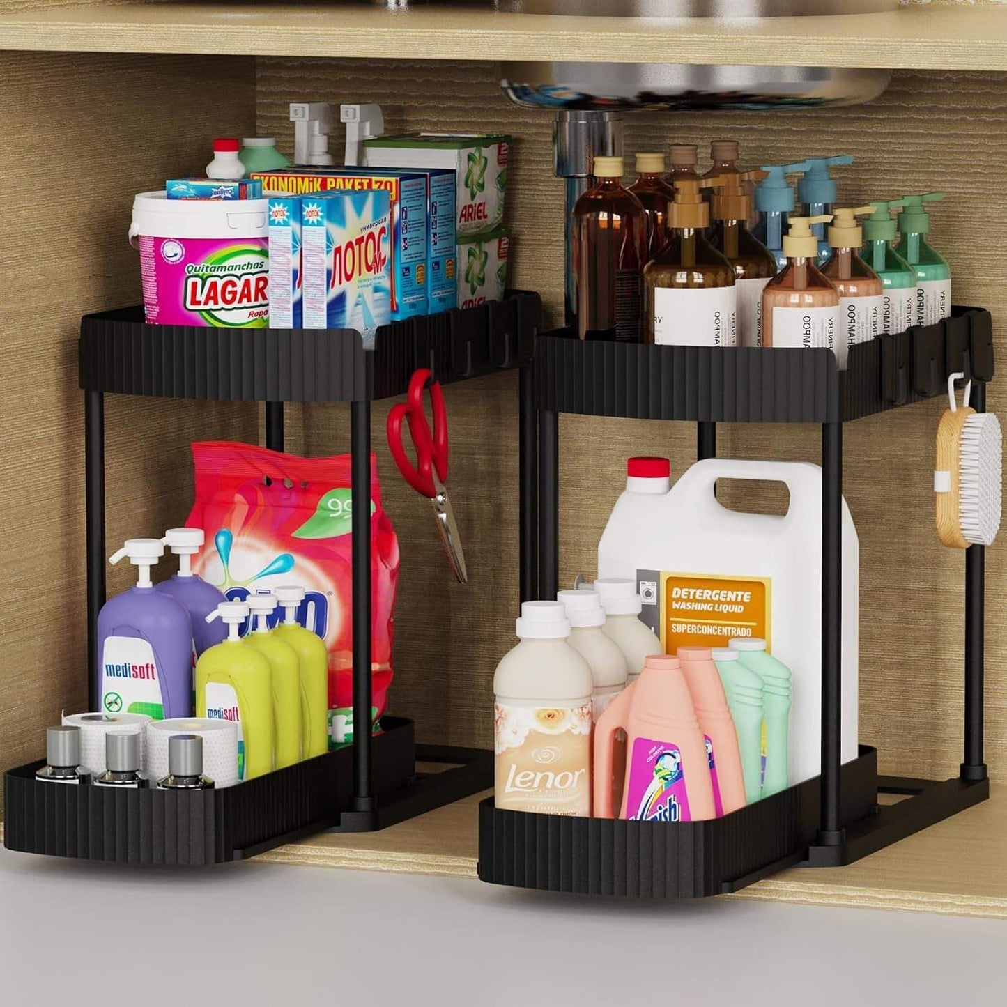 Multi-purpose pull-out storage organizers under sink cabinet for bathroom and kitchen in black, 12.8 inches, 2 pack set