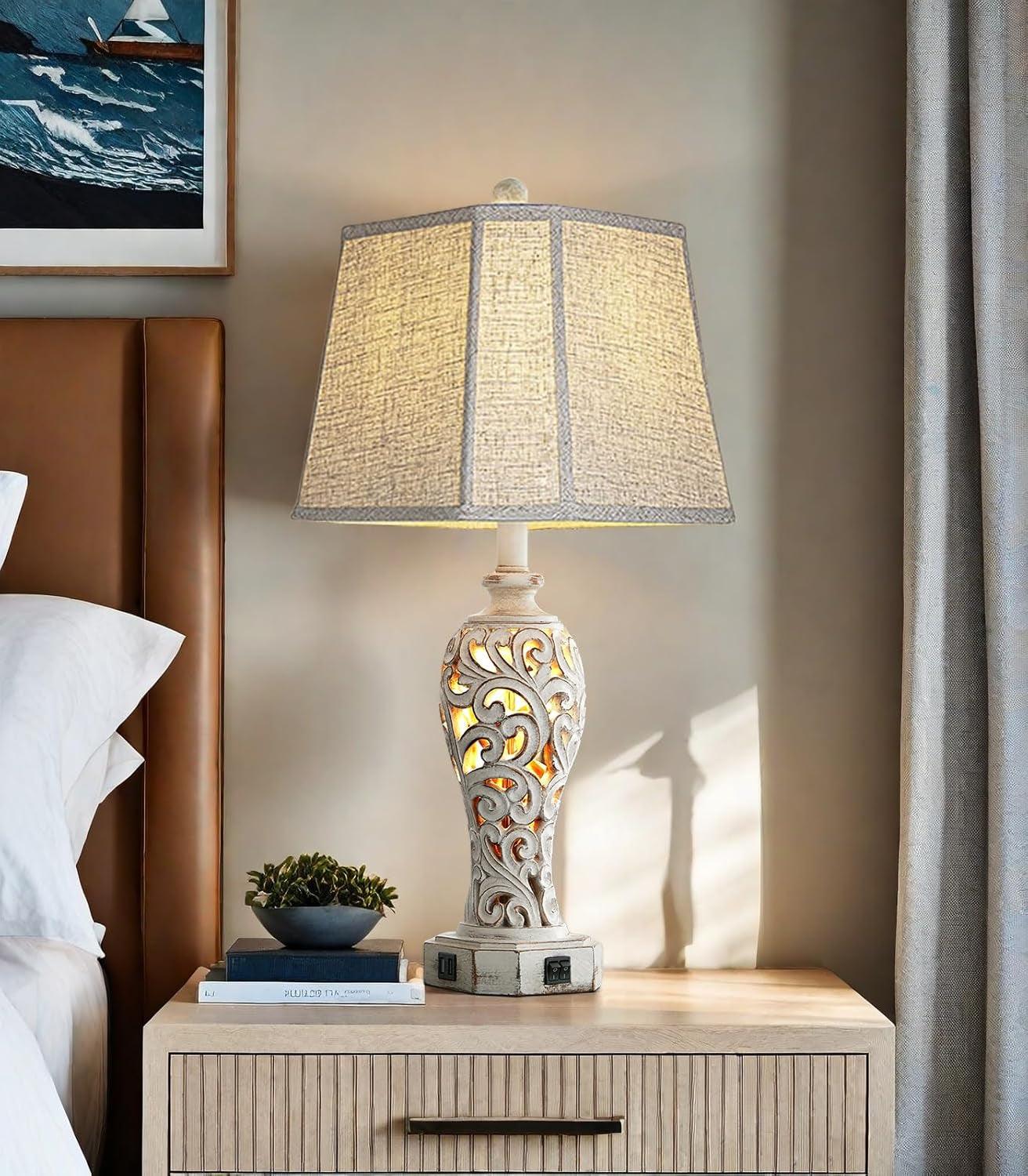 Farmhouse rustic 25-inch table lamp with carved hollow design, linen shade, dual USB charging ports, and nightlight bulb included