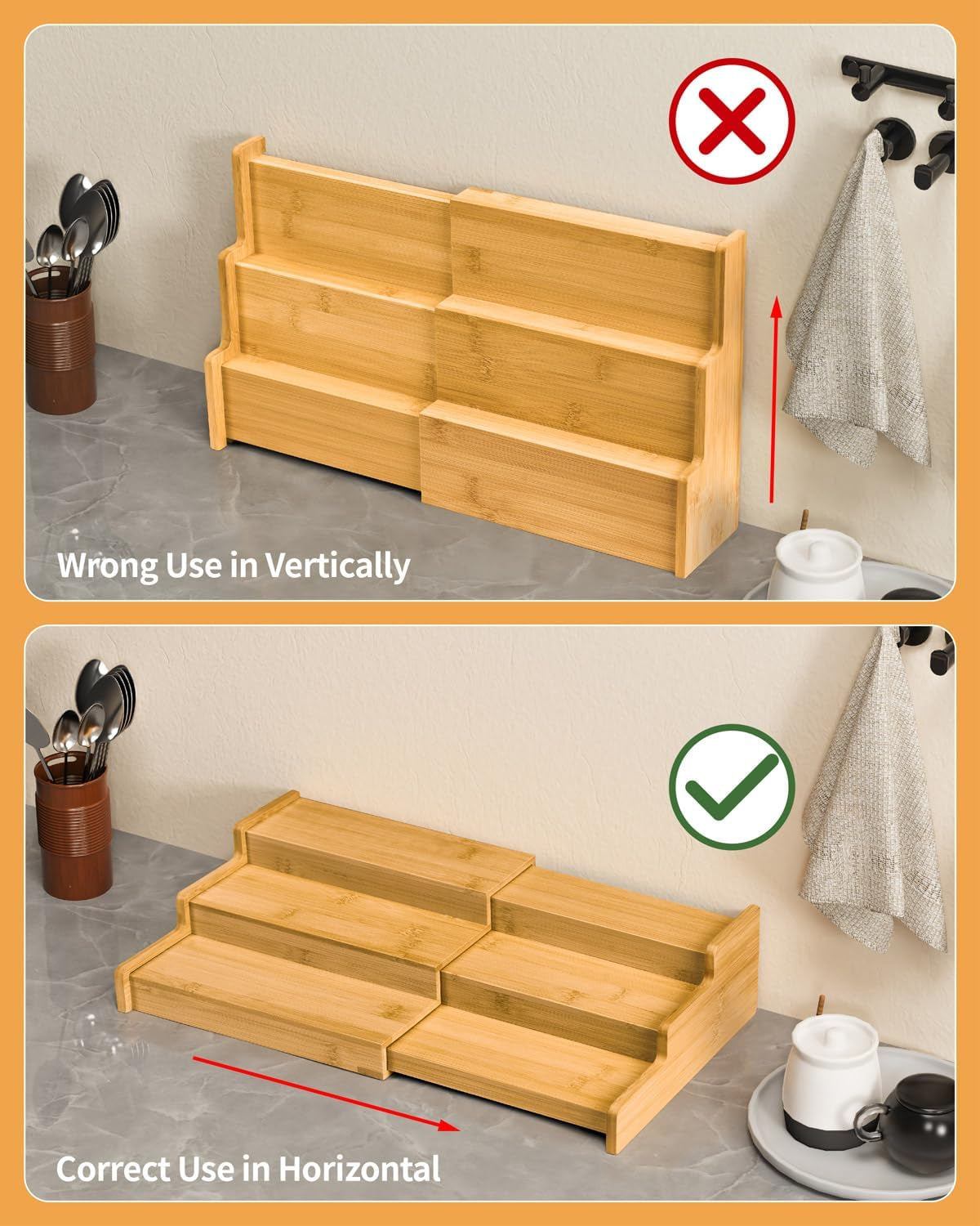 Spice Rack, 3-Tier Expandable Bamboo Spice Rack Organizer for Cabinet - Kitchen, Pantry and Cupboard Storage Organizer