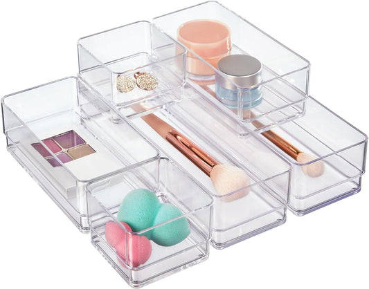 Clear Simplesort drawer organizer bins set in multiple sizes for bathroom, makeup, and desk organization, made in USA