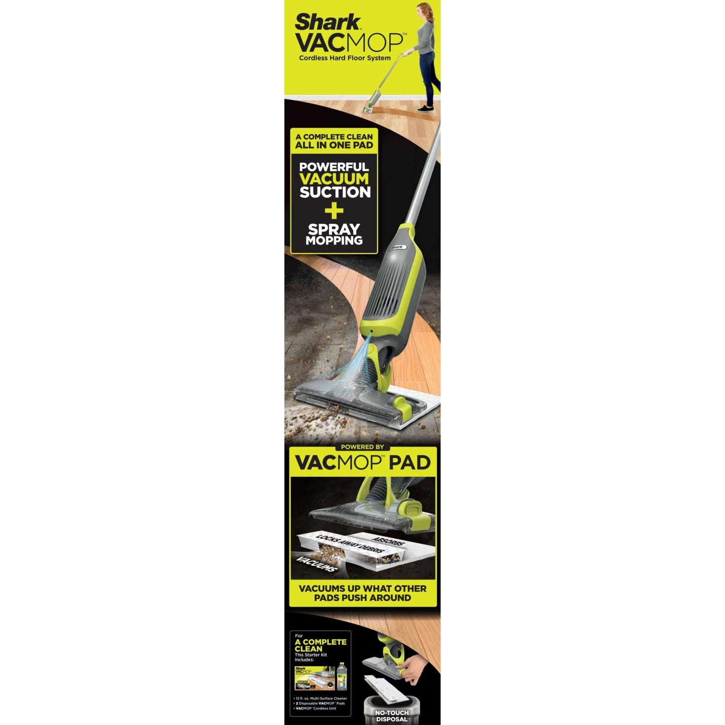 VACMOP Cordless Hard Floor Vacuum Mop, for Tile, Vinyl, Laminate, Wood, with (4) Disposable VACMOP Pads, 12-Oz  Multi-Surface Cleaner, VM200
