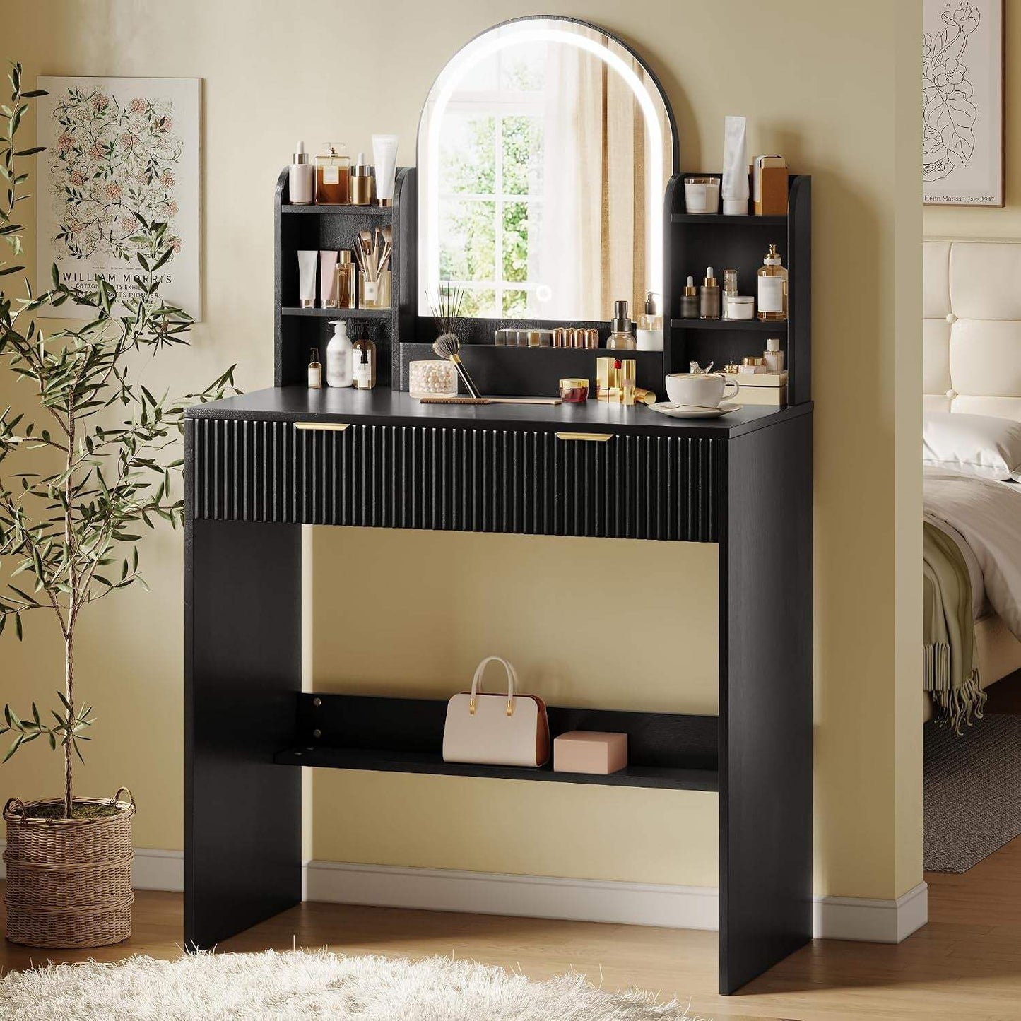 Makeup Vanity Desk with Mirror and Lights, Black Vanity Table with 2 Drawers & Open Storage Shelves, Fluted Vanity Bedroom Makeup Dressing Table Set for Women Girls