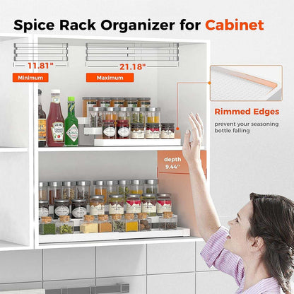 Expandable Spice Rack Organizer for Cabinet - 3 Tier Adjustable Cabinet Spice Organizer Easy Visibility - Spice Organizer for Cabinet Countertop Cupboard Pantry Organization (White)