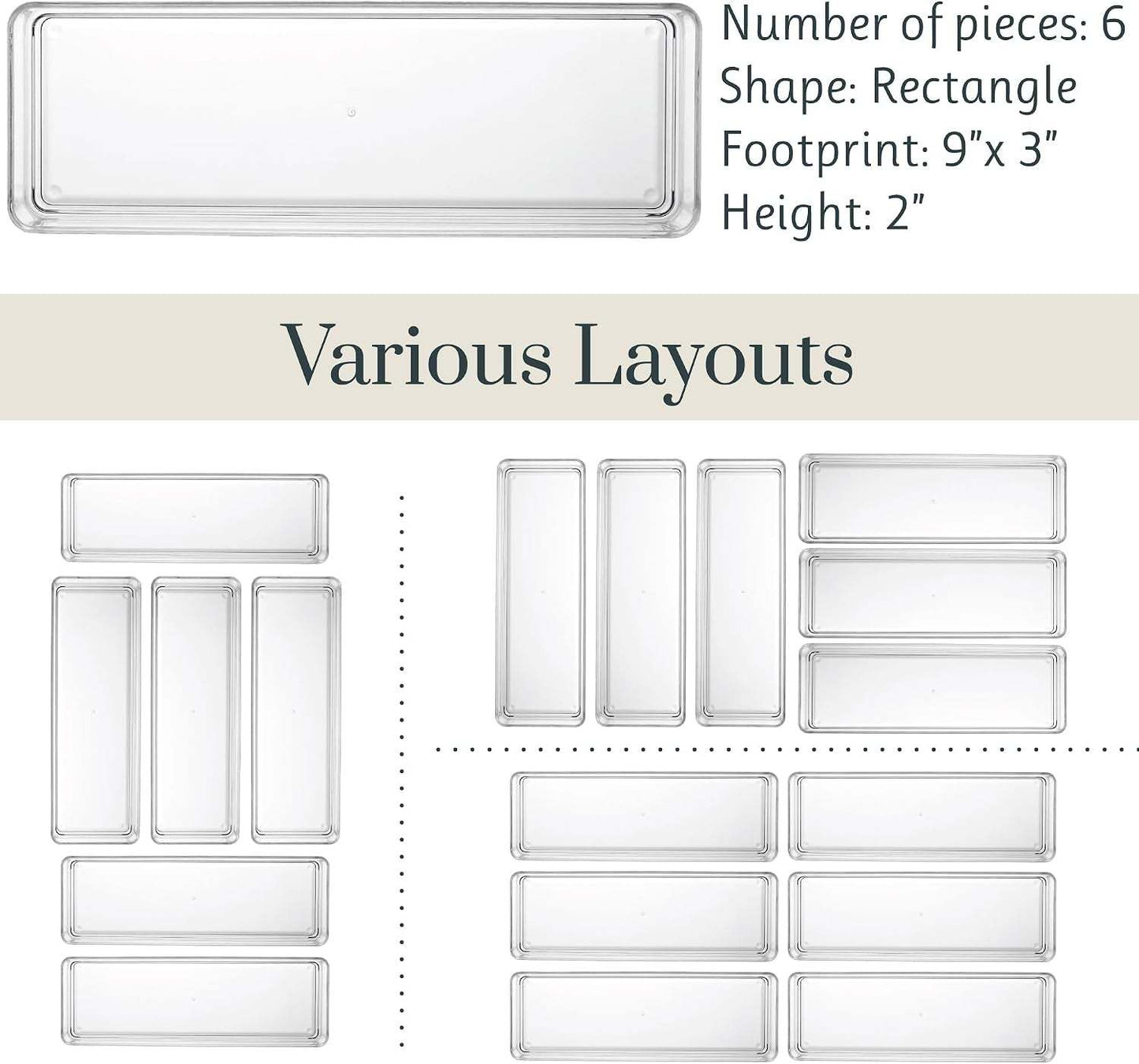 Simplesort 6-Piece Stackable Clear Drawer Organizer Set | 9" X 3" X 2" Rectangle Trays | Narrow Makeup Vanity Storage Bins and Office Desk Drawer Dividers | Made in USA