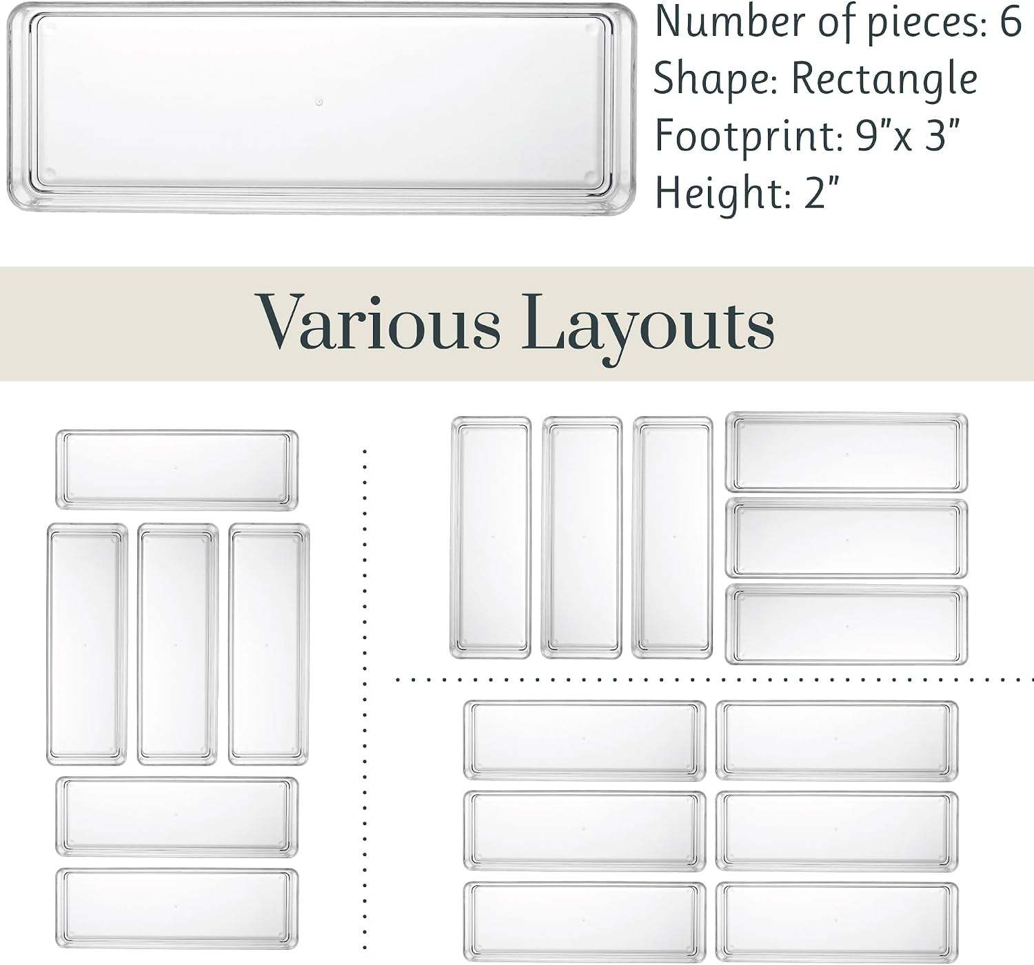 Simplesort 6-Piece Stackable Clear Drawer Organizer Set | 9" X 3" X 2" Rectangle Trays | Narrow Makeup Vanity Storage Bins and Office Desk Drawer Dividers | Made in USA