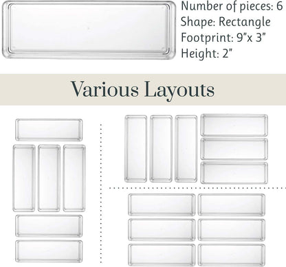 Simplesort 6-Piece Stackable Clear Drawer Organizer Set | 9" X 3" X 2" Rectangle Trays | Narrow Makeup Vanity Storage Bins and Office Desk Drawer Dividers | Made in USA