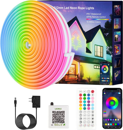 65.6Ft RGB Neon Rope Lights with App Control and Music Syncing, Waterproof and Flexible Strip for Bedroom and Party