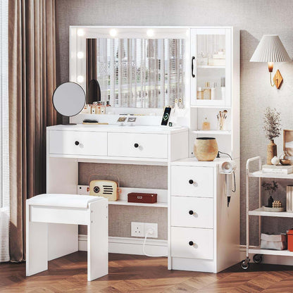 Makeup Vanity with Lights & Charging Station, White Vanity Table with 5 Drawers & Open Storage Shelves, Vanity Desk with Mirror & Lights, Dressing Table Set, Bedroom Makeup Table Set Black Handle