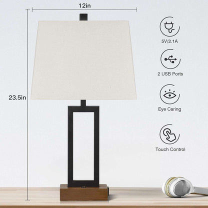 Table Lamp for Bedroom Set of 2 with 2 USB Ports and AC Power Outlet, 23.5" Modern Bedside Lamp, Wood Nightstand Lamp with Linen Shade for Living Room Hotel Desk(Led Bulb Included)