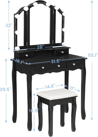Vanity Desk, Makeup Vanity with Lighted Tri-Fold Mirror and Stool, Vanity Set with 5 Drawers, 3 Light Settings & Adjustable Brightness, Black