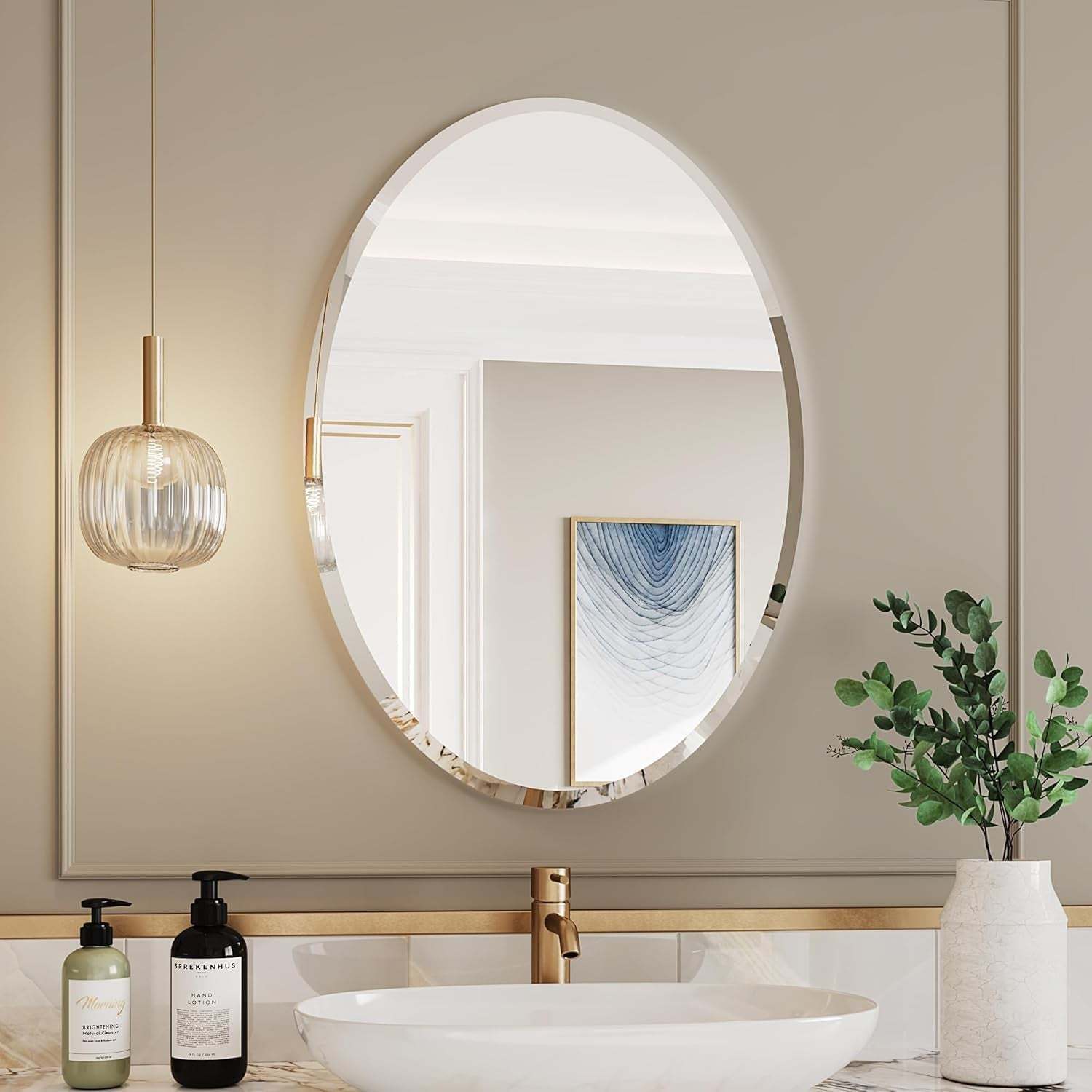 17.8X23.6 Oval Frameless Bathroom Vanity Mirror | 0.7-Inch Beveled Edge