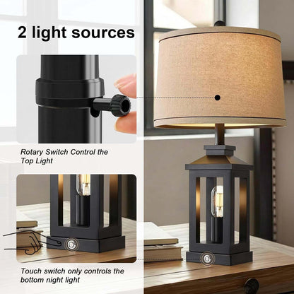 23.75" Retro Farmhouse Black Table Lamp for Living Room Bedroom Nightstand Single Pack Touch Control Bedside Nightlight Vintage Modern Lamp with USB C+A Ports and 2 Light Sources