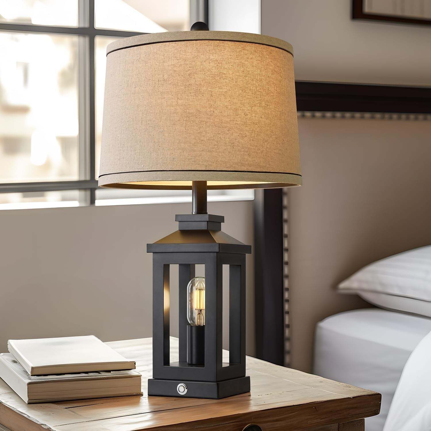 23.75" Retro Farmhouse Black Table Lamp for Living Room Bedroom Nightstand Single Pack Touch Control Bedside Nightlight Vintage Modern Lamp with USB C+A Ports and 2 Light Sources